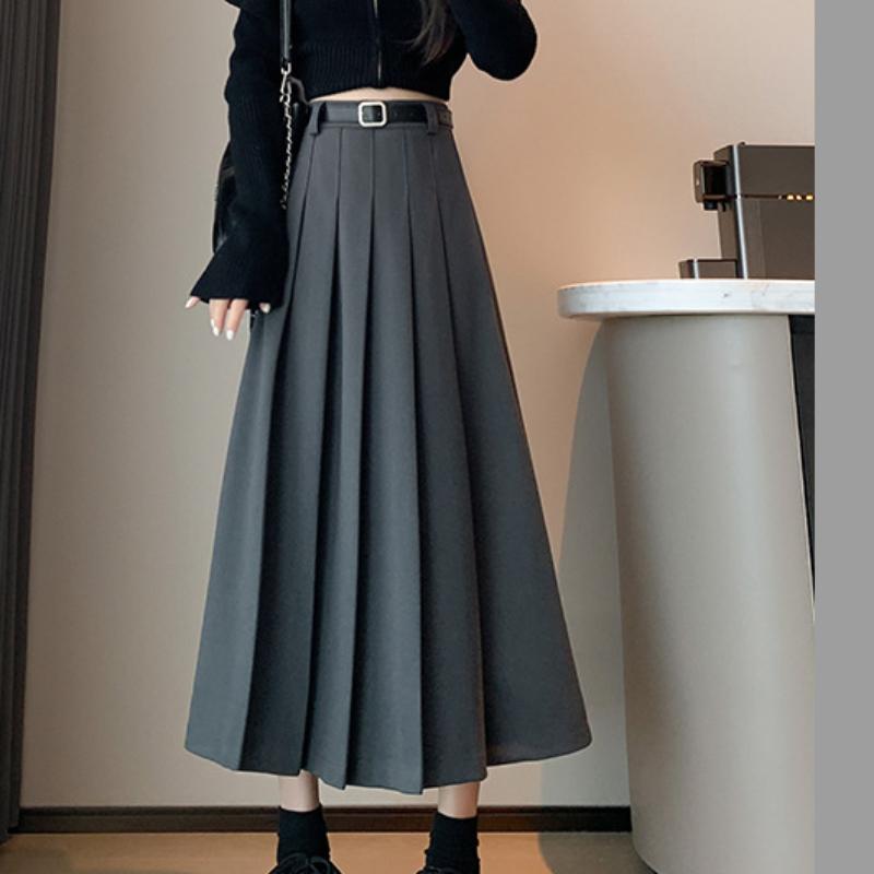 Gonna a pieghe grigia da donna in primavera e autunno, gonna cadente, vita alta, casual, ampia e ondeggiante, a trapezio, sopra il ginocchio, lunghezza media