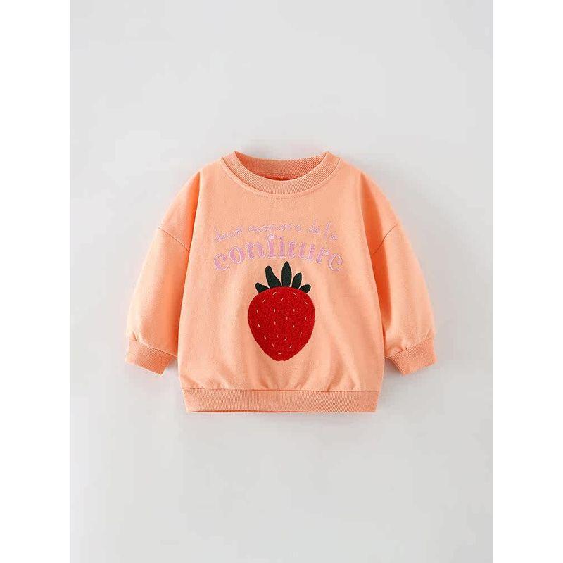 Girls' Sweatshirt, Spring and Autumn Style, Orange Strawberry Pullover, Children's Long-Sleeved Round-Neck Pure Cotton Base Shirt, Stylish