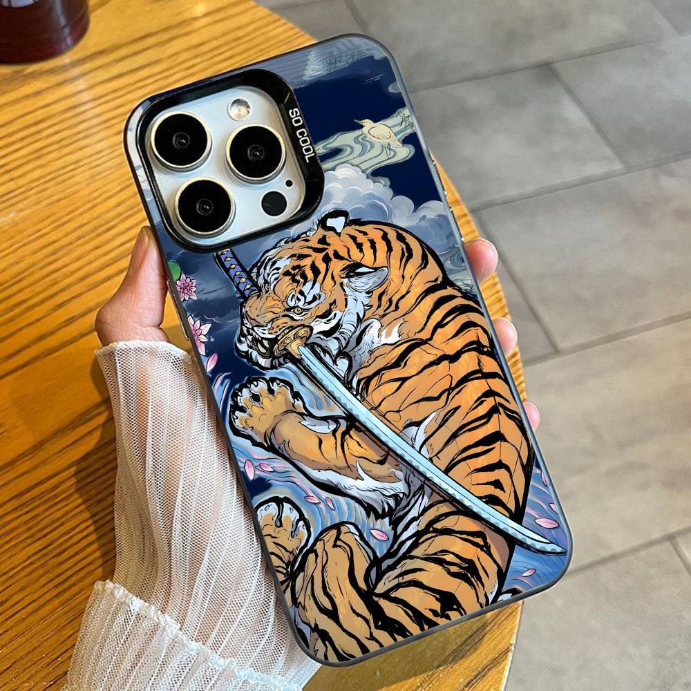 Ukiyo-e Style Tiger Tortoise Print Phone Case For iPhone 16 17 15 14 12 13 Pro Max Black Candy Matte Shockproof Cover