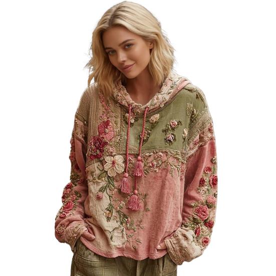 Women's Floral Print Patchwork Hoodie Oversized Vintage Pullover Sweatshirt Fall Casual Long Sleeve Hooded Outfit