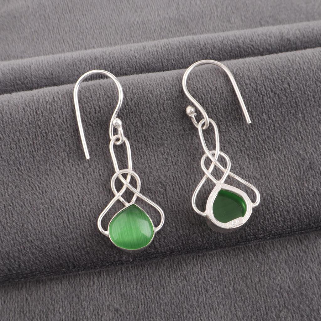 Green Cat's Eye Gemstone Earrings, 925 Solid Sterling Silver Jewelry, Handmade Spiritual Earrings For Wedding Gift