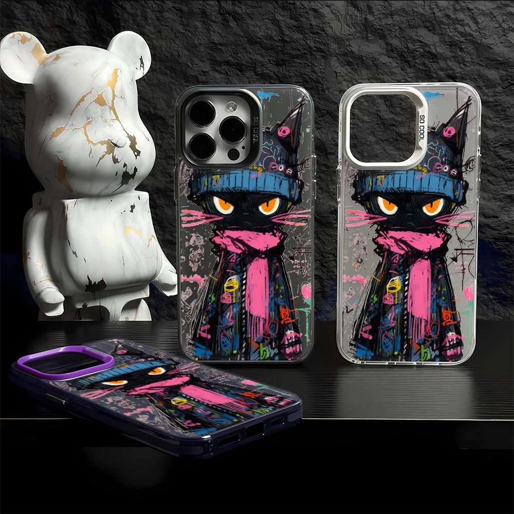 Graffiti Black Cat Phone Case for iPhone 17/16/15/14 Plus/13/12/11 Pro Max Cool Street Art Pattern Protective Shell