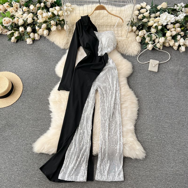 

Hong Kong Style Chic Accessible Luxury off-the-Shoulder Sequined Suspender Jumpsuit Silver XXL