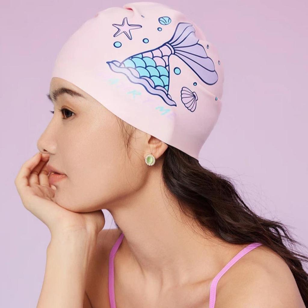 WATERTIME Silicone Swimming Cap, Large Size for Long Hair, Dreamy Mermaid Design, White