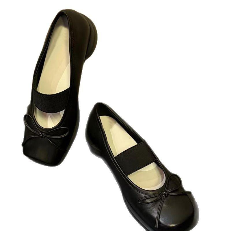 Fashion Retro Shallow Square Toe Ballet Shoes Women Bow New One Word Belt Round Thick Heel Mary Jane 2025 Slip On Black Casual Shoes