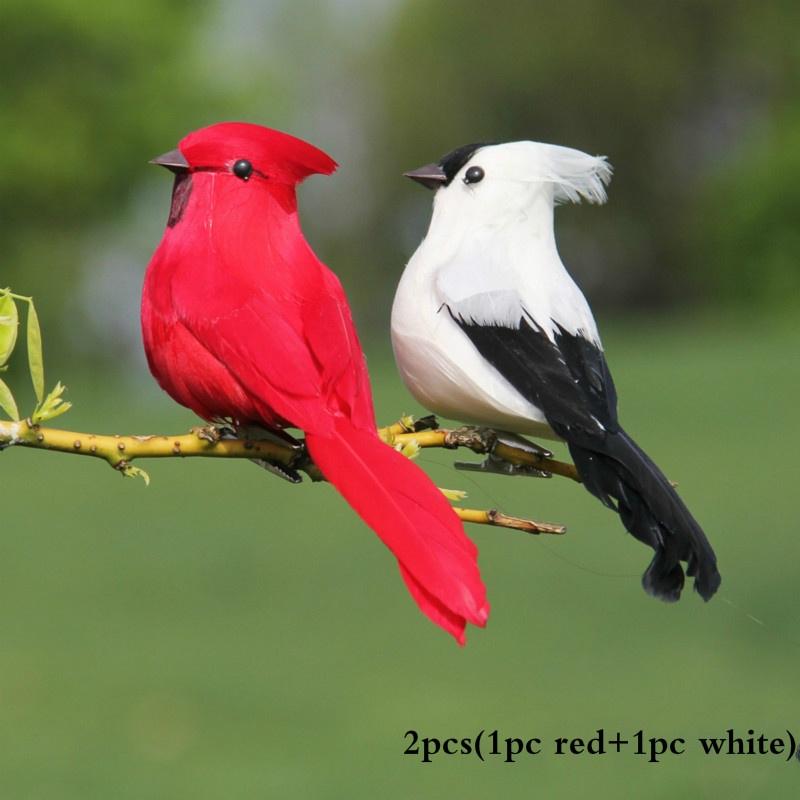 2 шт. Перьевые Имитации Птиц, Лесные Садовые Декоративные Птицы, Белые Красные Пенопластовые Искусственные Птицы, Садовый Ландшафт Ремесла И Украшения 2pcs