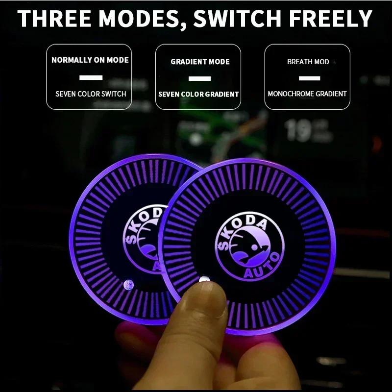 Car Sticker 2026 Hot for Skoda Car LED Water Coaster Cup Anti-Slip Mat Luminous Drink Holder Lamp Octavia A5 A7 Fabia Superb Kam