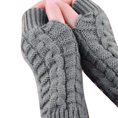 1 Pair Knitted Half Finger Gloves Jacquard Acrylic Warm Thick Soft Grey Gloves for Winter
