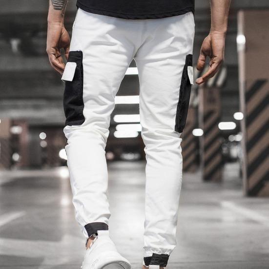 Cargo Pants Large Side Pockets Fine Texture Contrast Color Men Splicing Sports Trousers for Daily Life