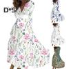 Women Elegant Floral Print Maxi Dress V neck Long Sleeve High Waist Gown Dress A Line Long Dress Streetwear