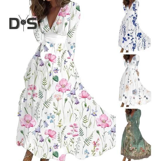 Women Elegant Floral Print Maxi Dress V neck Long Sleeve High Waist Gown Dress A Line Long Dress Streetwear