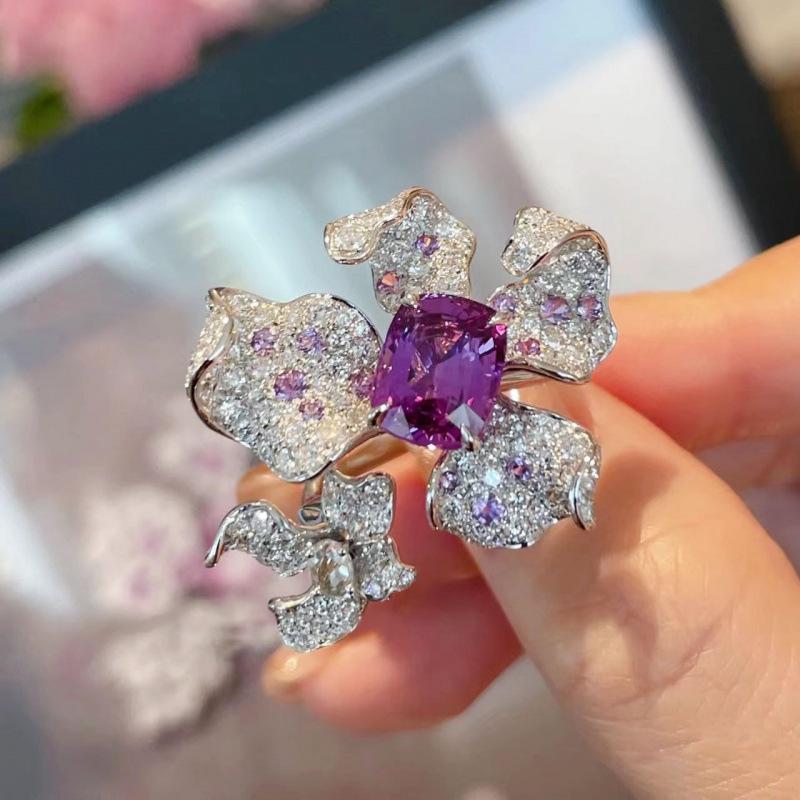 Elegant Purple Gem Flower Ring: Sparkling Diamond-Patterned, Open Design, Luxurious & Versatile for Women Adjustable Open Size