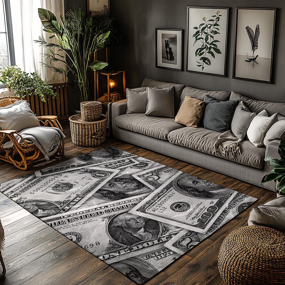 

US Dollar Print Area Rug, Black Gray Modern Carpet for Living Room, Soft Non-Slip Sofa Mat with Finance Theme Decor 50x80cm