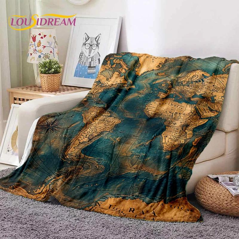 Retro Antike Seekarte Kraft Weltkarte Kompass Weiche Decke, Weiche Überwurfdecke für Zuhause Schlafzimmer Bett Sofa Abdeckung Kind