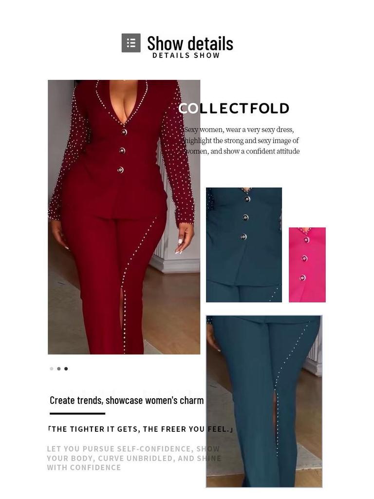Elegant Rhinestone Long Sleeve Low-Neck Slim Fit Two-Piece Pant Suit