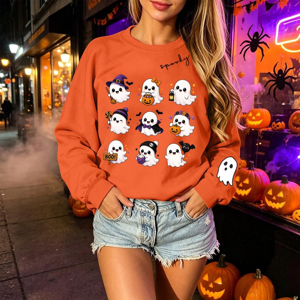 Unisex Lightweight Long Sleeve Neck Pullover Sweatshirt with Halloween Print