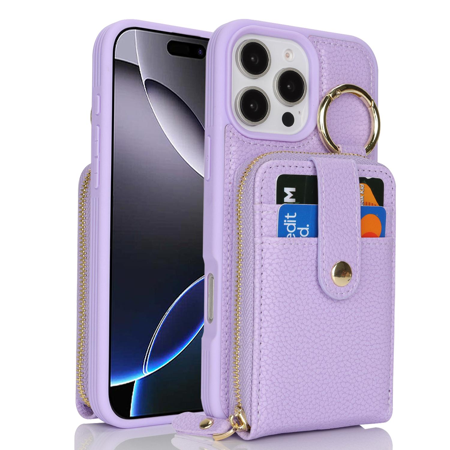 

For iPhone 15 Pro Max Case with Zipper Pouch/Ring Kickstand/Strap Litchi Texture PU+TPU Phone Cover Purple