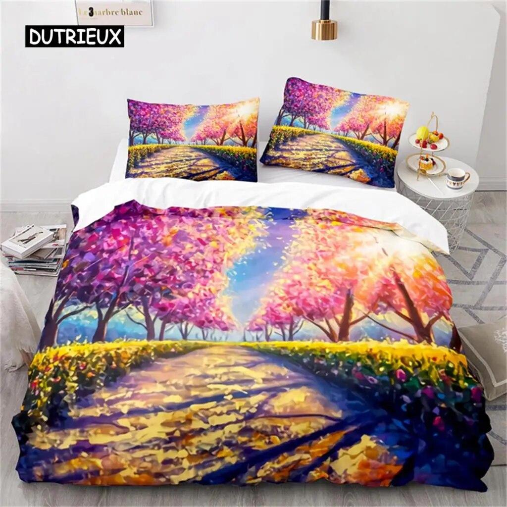 Oil Painting Duvet Cover  Art  Microfiber Landscape Romantic Comforter Cover Bedding for Kids Teen Adults Bedrooms  Decorated Three Piece Set