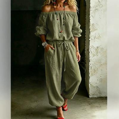 Damen schulterfreier Jumpsuit mit Puffärmeln, Kordelzug in der Taille, lässiger lockerer Schnitt, einfarbiger Playsuit