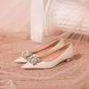 2026 New Women's Wedding Shoes Silk Pumps Pointed Toe Boat Shoes Square Rhinestone Low Heels Dress Shoes Velvet Zapatos