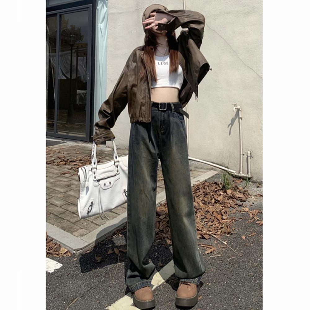 Wide-leg jeans women's autumn and winter new Korean version high-waisted thin pleated straight lazy mopping pants ins