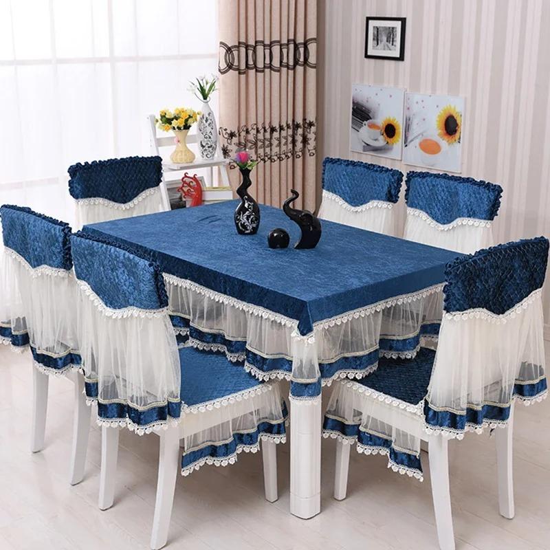 Velvet Lace Hem Table Cloth Dining Chair Cover Set Household Chair Pad Banquet Home Decor Dining Table Rectangular Tablecloth