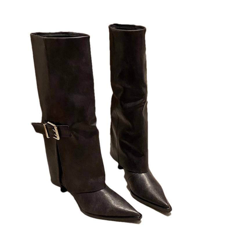 Pointed Toe Women High Boots Leather Fad Sexy High Heels Shoes 2025 Trend Designer Buckle Pumps Knee High Winter Botas De Mujer