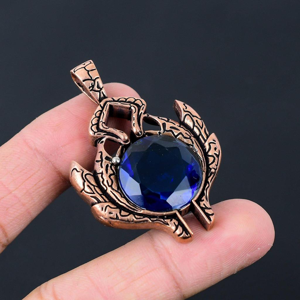 Unique London Blue Topaz Gemstone Handmade Jewelry Pure Copper Wire Wrapped Pendant