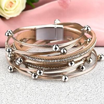 Damenmode Strass-Leopardenmuster Mehrschichtiges Magnetisches PU-Leder Armband