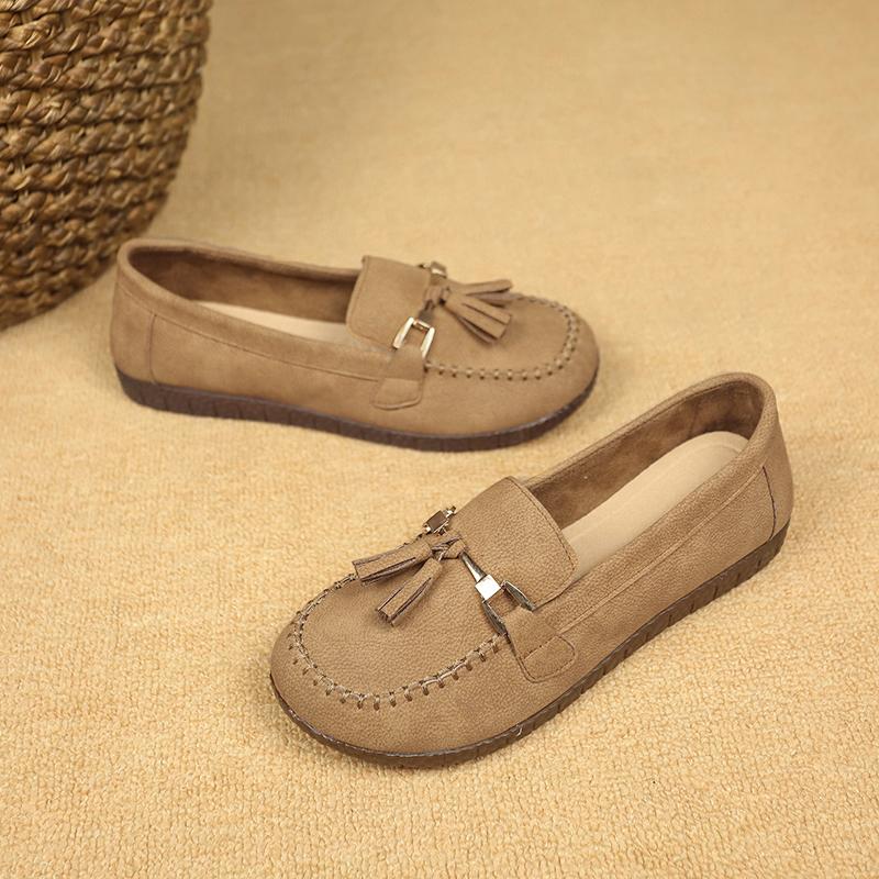 Women's Natural Leather Slip-on Ballet Flats Loafers Round Toe Fringe Casual Female Espadrilles Mccasins Shoes for Woman