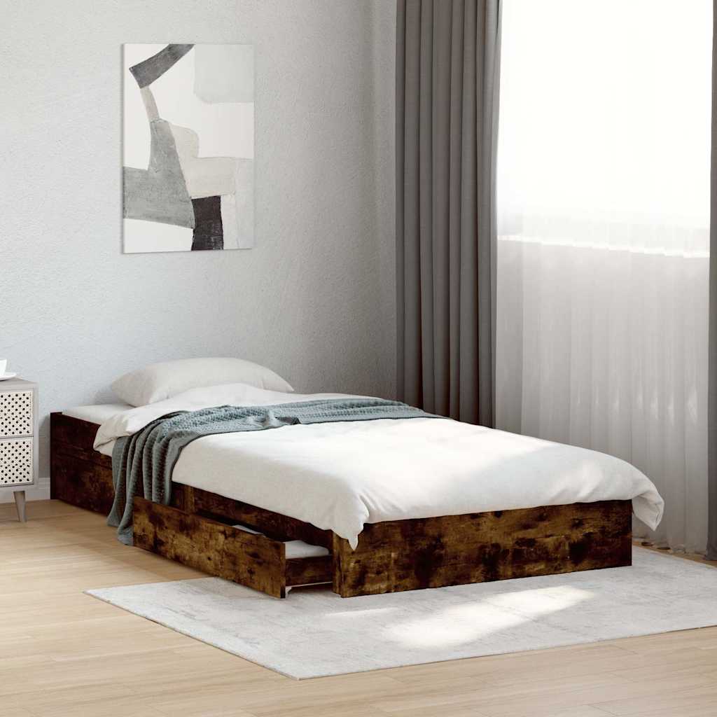 Bed Frame with Drawers Smoked Oak 90x190 Cm Wood Based Panel