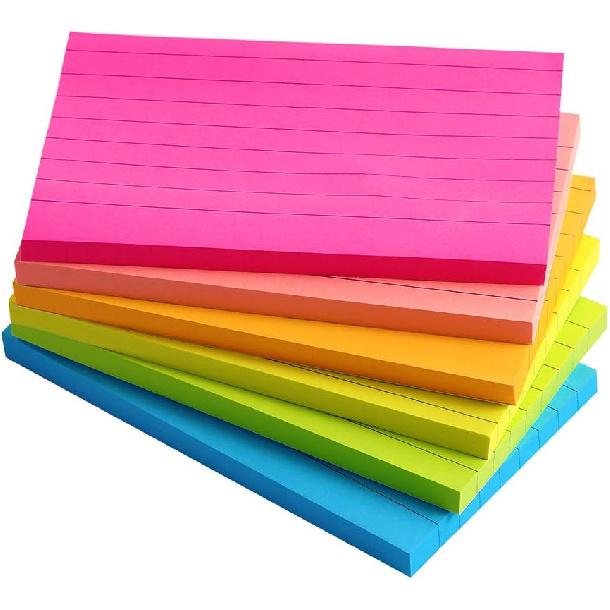 Lined Sticky Notes 4X6 in Bright Ruled Stickies Colorful Super Sticking Power Memo Pads, 45 Sheets/pad, 6 Pads/Pack