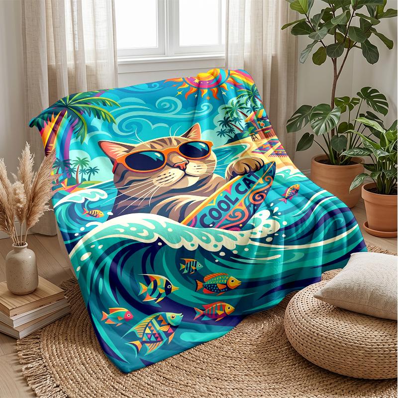 Surfing Cat Adventure 2 Theme blanket Lightweight Warm Flannel Blanket Decorative Throw Blanket for Home Decoration