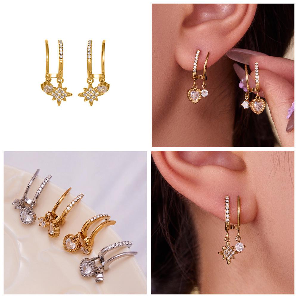 Qiong Yao 18K Gold Plated Zircon Star Pendant Stainless Steel Earrings