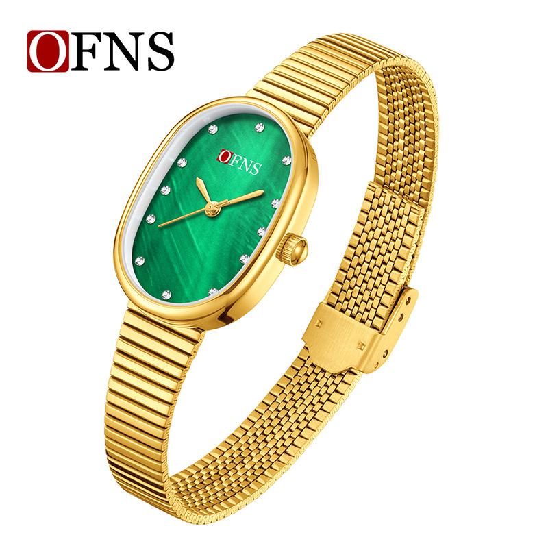 Fashion Ofns Women's Fashion Luxury Pearl Mother Of Dial Diamond Dot Oval Quartz Waterproof Light Dress Watch For Girlfriend Gif