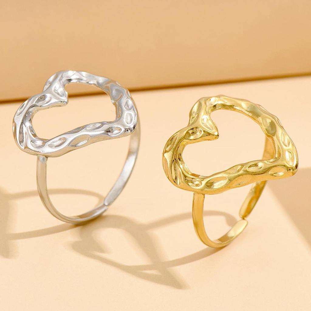 Adjustable Heart-Shaped Stainless Steel Ring with Retro Baroque Design and Irregular Texture