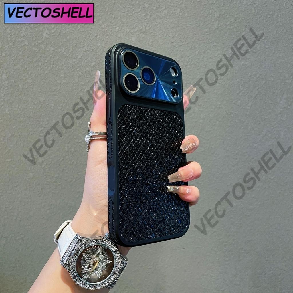 Fashion Blingbling Glitter Small Grid Pattern Window With Camera Glass Film Phone Cover Case for iPhone 17 16 15 14 13Pro Max