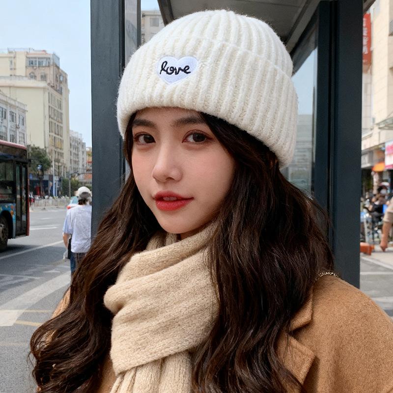 Autumn and Winter Warmth, Love Letter Embroidered Hat, Women's Big Head, Knitted Hat, Ear Protection, Cold Protection Beanie