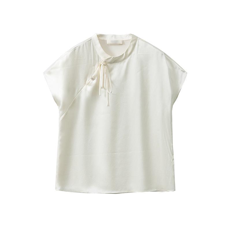 Chinese Style Silk Satin Mandarin Collar Blouse - Women's Summer Tie-Up Raglan Sleeve Top