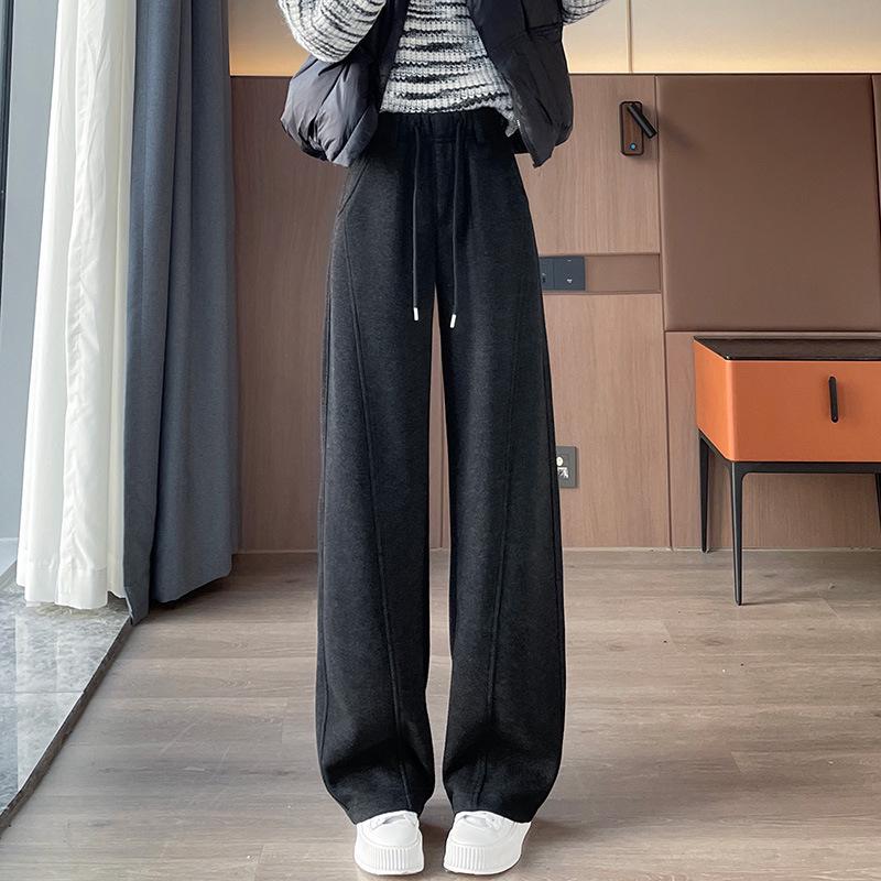 Women's High-Waisted Fleece-Lined Wool Wide-Leg Pants - Winter Slimming Casual Floor-Length.