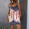 Womens Sleeveless Spaghetti Strap Romper Star Flag Print Pocket Short Jumpsuit