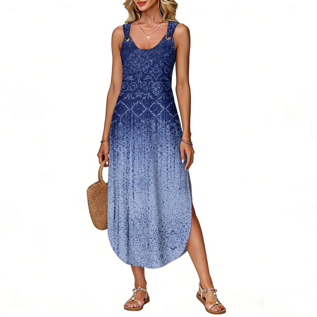 Women's Summer Long Dress, Sleeveless With Side Slits, Long Retro Printed Camisole Dress