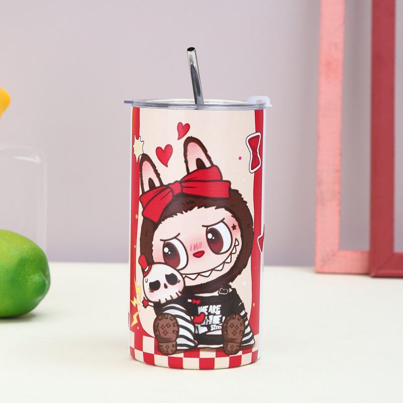 Cartoon Straw Cup Thermos Cup High Value Portable Coffee Cup Ice American Large Capacity Straight Cup