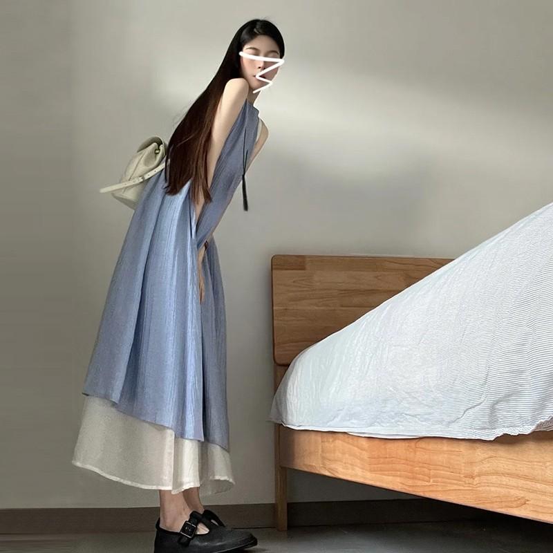 

French striped texture fake two-piece dress women s summer new loose and thin pendant temperament long skirt S синий