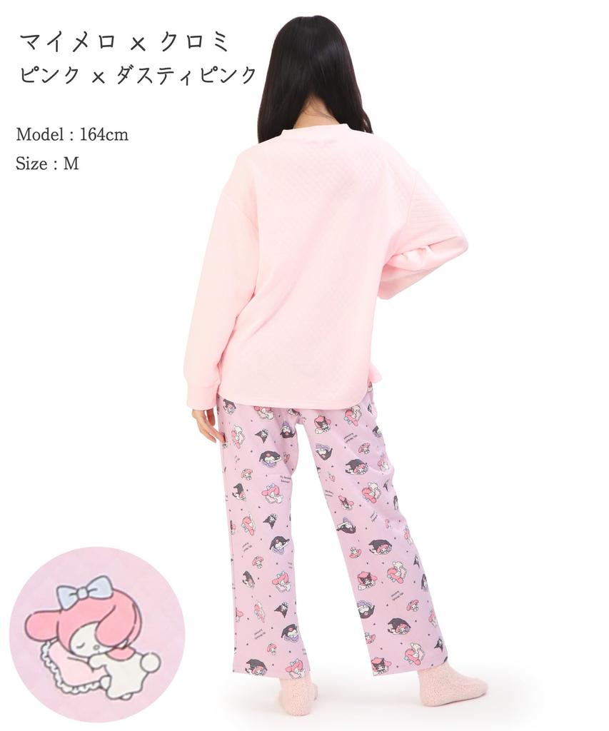 SAZAC My Melody Kuromi Pajamas for Dreamy My Melody x Long Open Knit Quilt Top and Bottoms Loungewear Women, Kuromi, Sleeve, Front, Autumn/Winter Set,