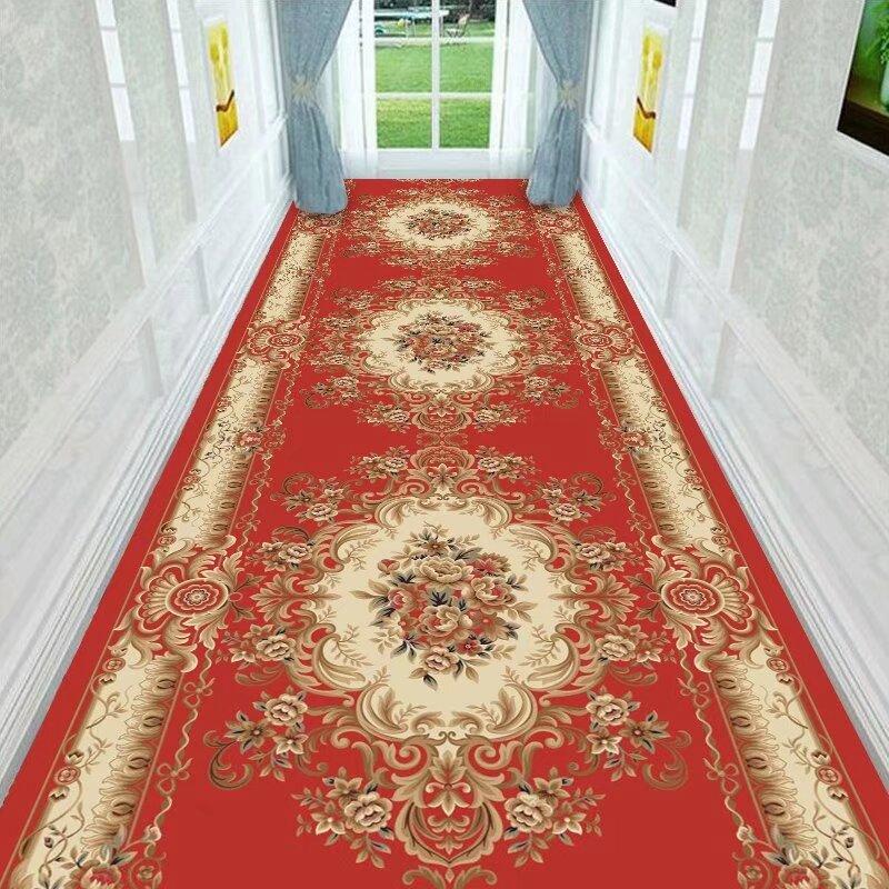 Red European Luxury Easy Clean Long Corridor Carpet Non-slip Lint-free Classical Hallway Rug Wedding Soft Passageway Floor Mat