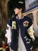 Men's Dark Blue Embroidered Baseball Jacket - Trendy Autumn/Winter Short Style for Couples