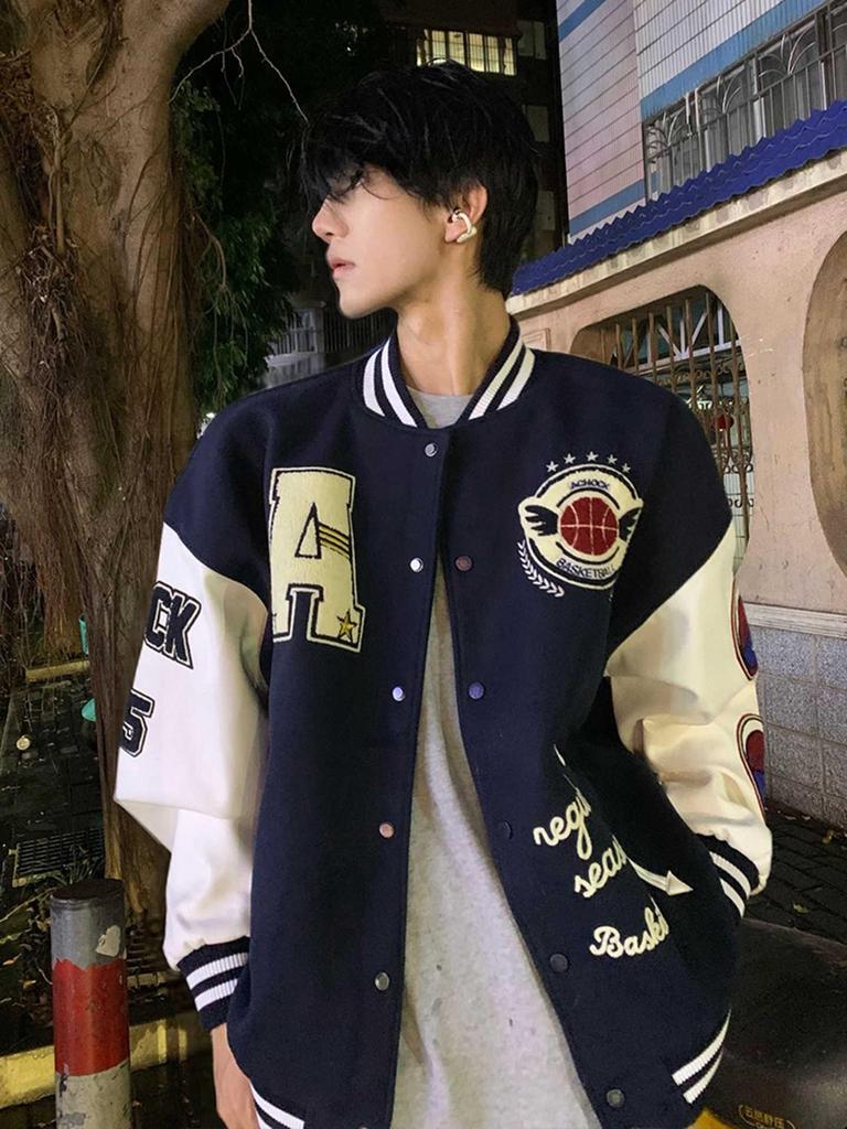 Men's Dark Blue Embroidered Baseball Jacket - Trendy Autumn/Winter Short Style for Couples