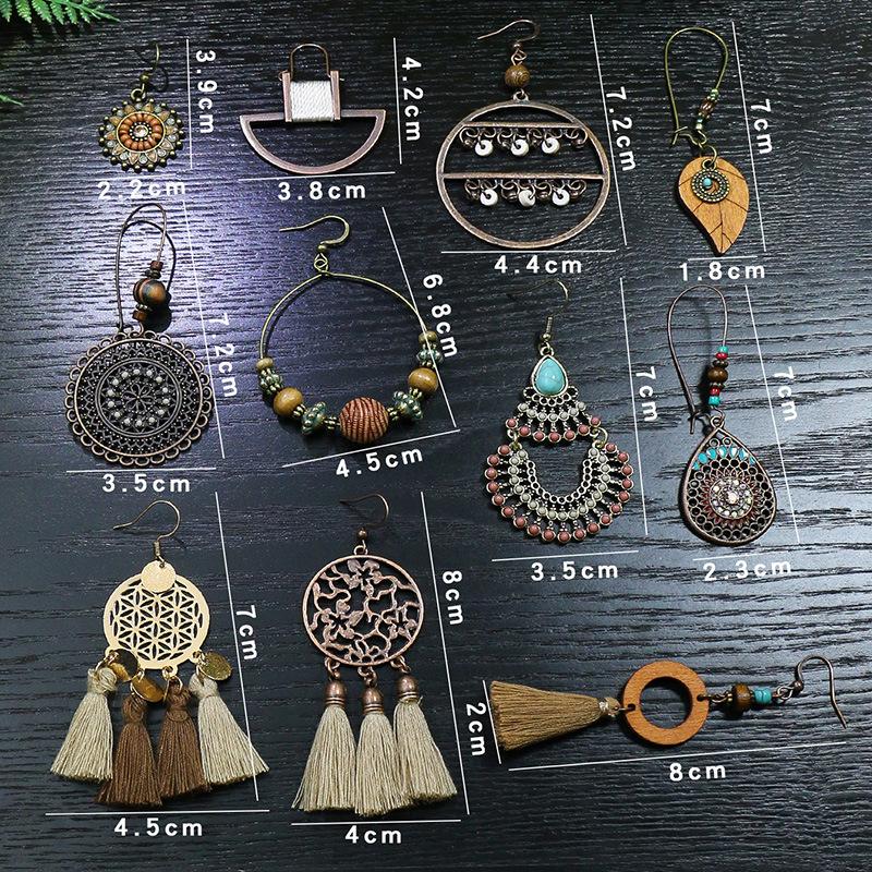 Bohemian Geometric Drop Women Earrings Ethnic Gypsy Wooden Beads Leaf Round Fringe Tassel Dangle Vintage Earrings Boho Jewelry