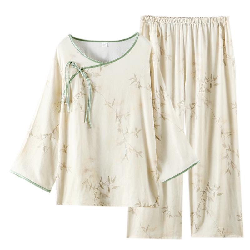 Women's Bamboo Cotton Gauze Seven-Sleeve Pajamas, Spring/Summer Chinese Style Homewear Set